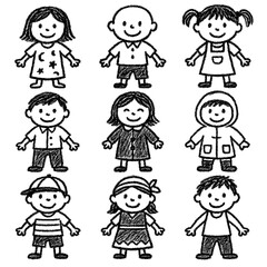Cute children in various professions and activities, hand-drawn doodle style, Transparent Background