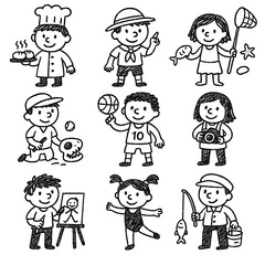 Cute children in various professions and activities, hand-drawn doodle style, Transparent Background