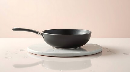 Elegant black wok rests on a marble stand with subtle background hues