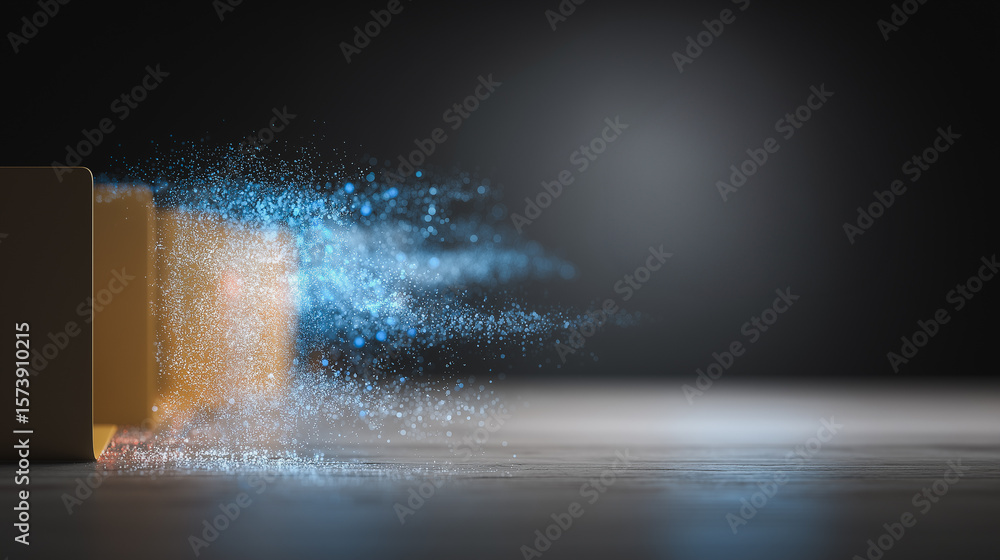 Poster box reveal: a dynamic box opening reveals an explosion of shimmering particles, symbolizing emergenc