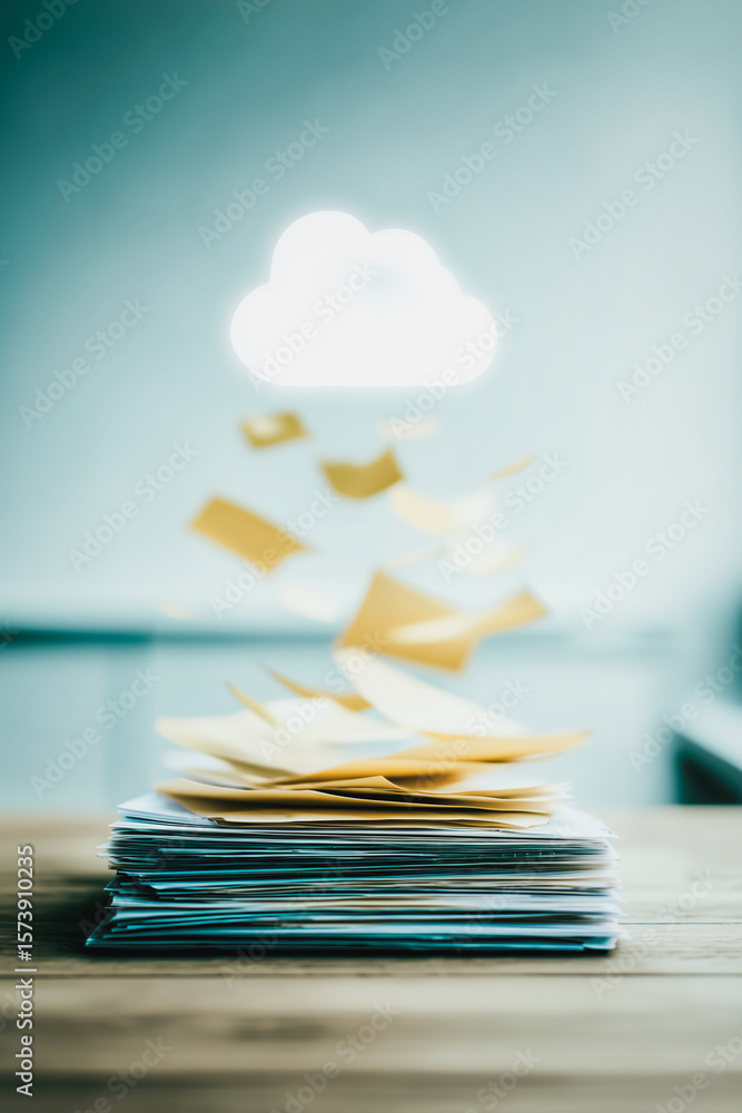 Poster cloud-based data migration: a stack of files and a digital cloud merging into one, illustrating the 