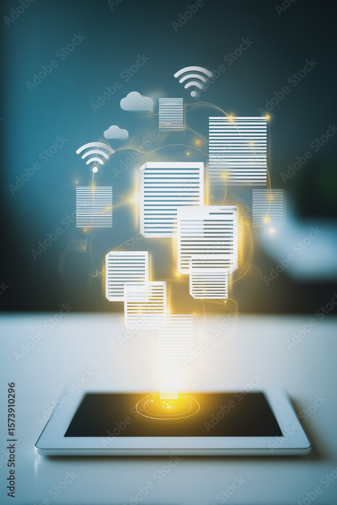 Poster cloud-based data connectivity: a sleek tablet illuminates, with digital documents and wireless symbo