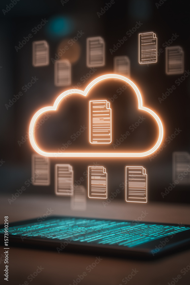 Poster cloud data storage: a neon cloud icon represents the digital cloud, with data streams and a tablet r