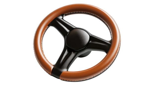Modern car steering wheel with leather cover background isolated on a Transparent background, PNG file.