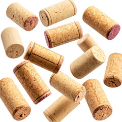 Collection of natural wine corks set on a brown wooden background with some corks isolated on a white background