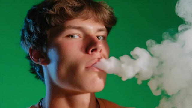 Young Man Exhaling Vapor: Portrait of a youthful individual gracefully exhaling a cloud of vapor, set against a vibrant backdrop that accentuates the wisps and swirling patterns. 