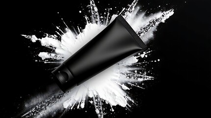 Black cosmetic tube mockup on black background with white powder explosion effect, perfect for skincare branding, luxury product packaging, or advertising presentation