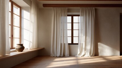 Fototapeta premium Sunlit room interior with linen curtains wooden window and earthenware pot
