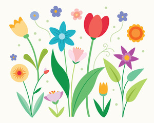 Colorful garden flowers with various shapes and colors arranged on a light cream background.