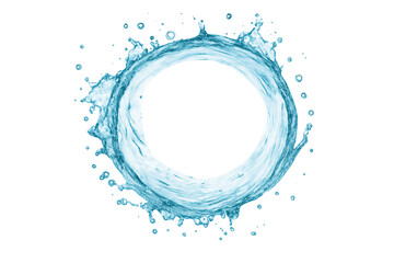 A dynamic circular splash of blue water forms a ring with droplets flying outwards, isolated on a transparent background