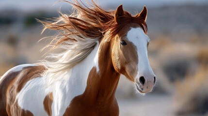 Obraz premium A vibrant painted horse with flowing mane gallops through the desert landscape