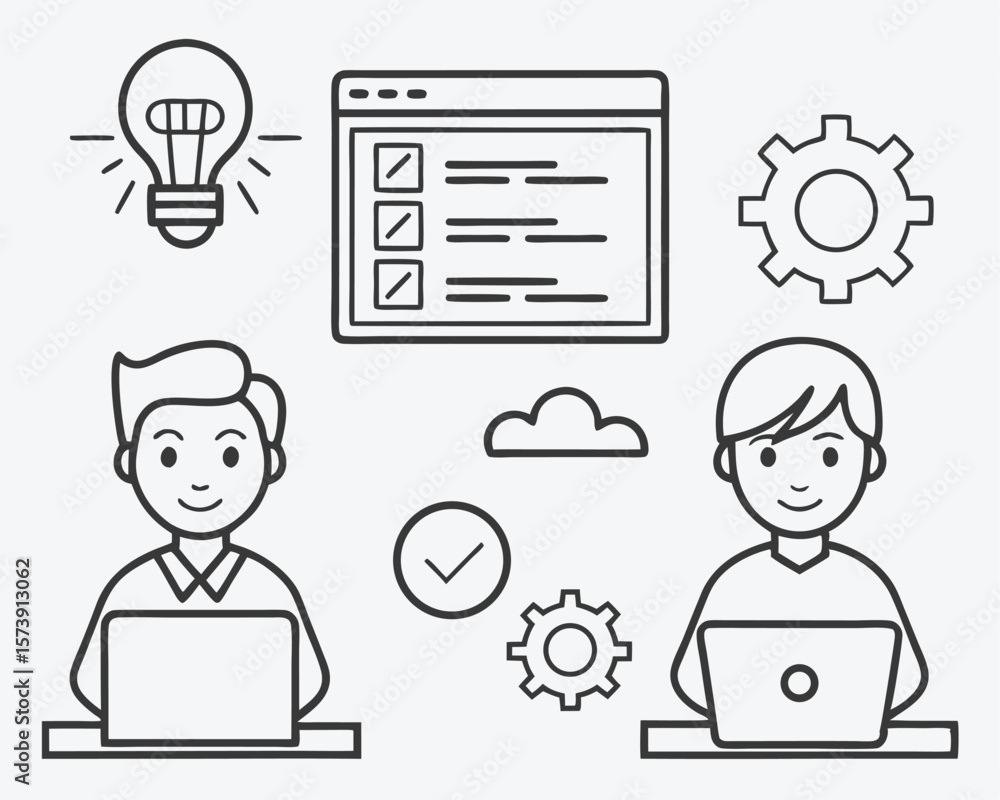 Poster team of developers working together with digital icons representing tasks and problem-solving illust