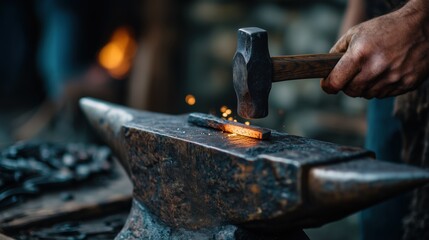 Blacksmith forging metal with hammer, sparks flying.
