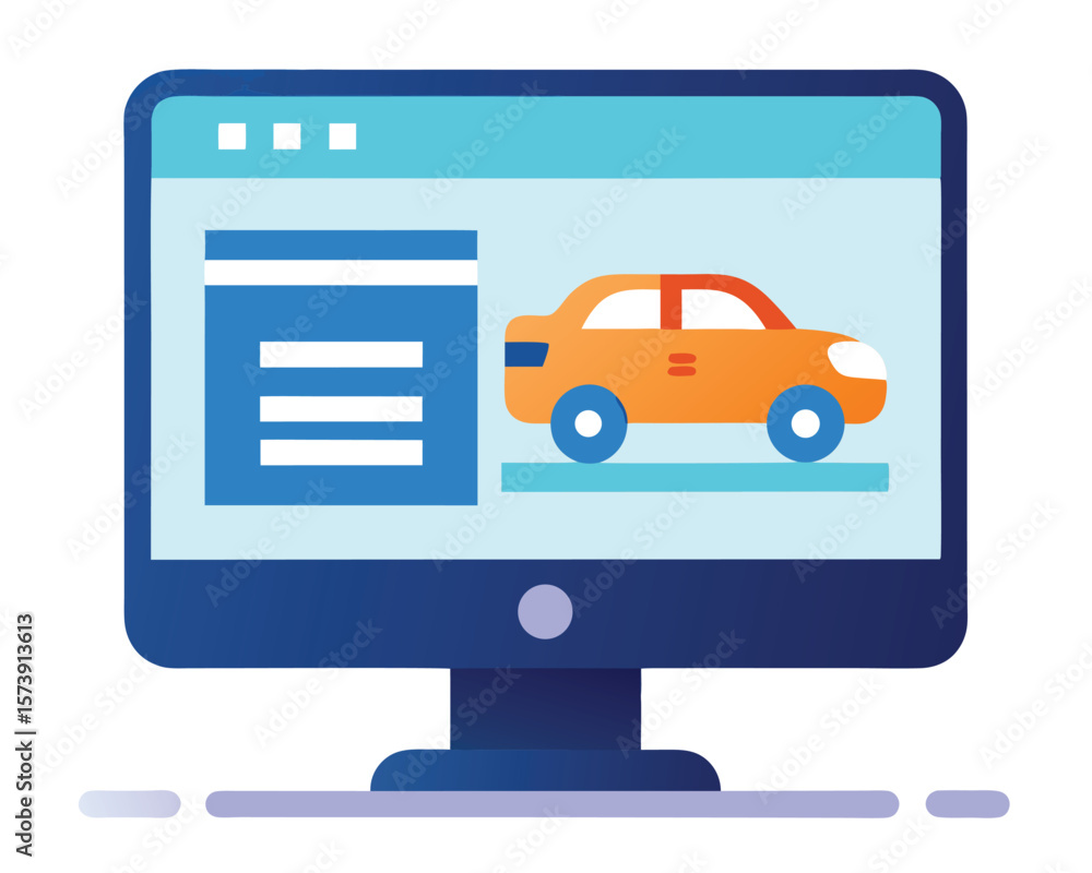 Poster computer screen displaying car icon and menu bar representing online vehicle services and informatio