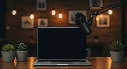 Fototapeta premium Podcast Studio Setup Laptop Microphone Dark Aesthetic Home Office Workspace Background