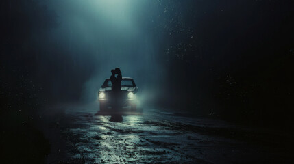 A couple slow dancing in the headlights of a car on a country road	A couple embraces and slow dances in the middle of a deserted country road at night, illuminated only by the headlights of their vint