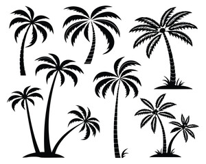 Fototapeta premium Collection of black palm tree silhouettes against a white background illustrating tropical designs and nature concepts.