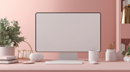 Blank minimalistic screen mockup in Scandinavian workspace, pastel tones, realistic textures, screen ready for displaying website homepage or dashboard 