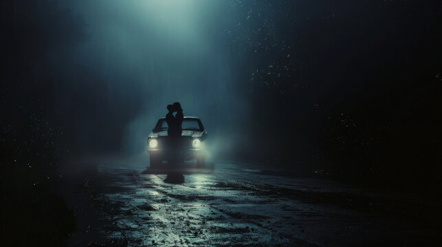 A couple slow dancing in the headlights of a car on a country road	A couple embraces and slow dances in the middle of a deserted country road at night, illuminated only by the headlights of their vint