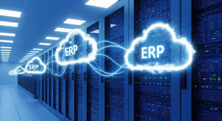 A digital illustration of cloud computing, ERP integration, and data servers. . cloud ERP.