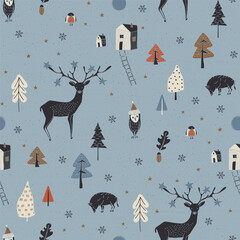 Winter forest with cartoon animals. Seamless pattern.