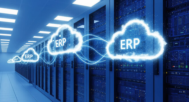 A digital illustration of cloud computing, ERP integration, and data servers. . cloud ERP.