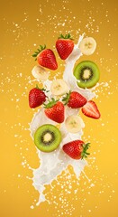 Colorful mix of strawberries, bananas, and kiwis explodes through milk in a dynamic splash, set on a bright yellow backdrop, symbolizing vitality, flavor, and healthy nutrition.	
