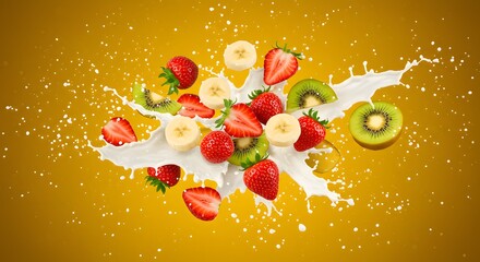 Sliced strawberries, bananas, and kiwis burst through a splash of milk against a vibrant yellow background, creating a fresh, dynamic, and juicy tropical fruit explosion in mid-air.	