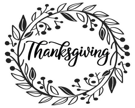 Elegant black and white thanksgiving wreath with handwritten text and botanical elements on white background.