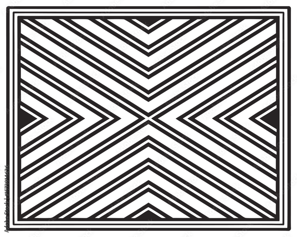 Poster geometric black and white design featuring abstract diagonal lines and symmetrical patterns within a