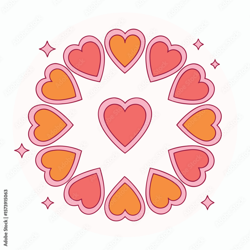 Poster a circular design of colorful hearts and sparkles creating a romantic and decorative arrangement.