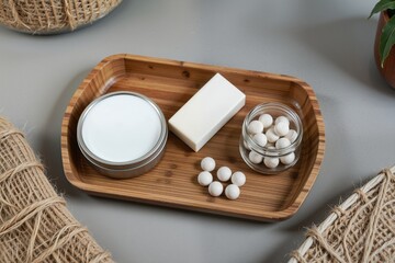 Natural Wellness Products on a Wooden Tray with Greenery Accents