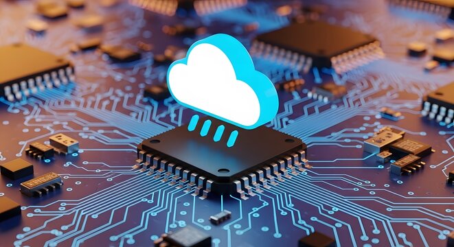 Cloud computing displayed with a cloud icon on circuit board and chips, representing modern digital technology and data storage innovations