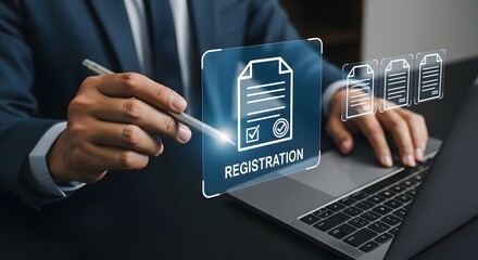 Digital registration process is displayed with a businessman using a laptop, emphasizing online forms and efficient document management