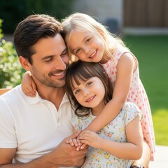 Fototapeta premium Happy Father and His Two Daughters Sharing a Tender Moment