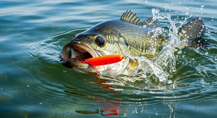 Powerful largemouth bass fiercely strikes an orange lure, creating a splash in sunlit water.