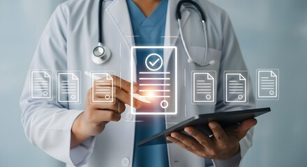 Healthcare professional using tablet for digital document management, promoting modern medicine and technology for patient records
