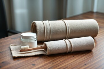 Naklejka premium Natural skincare tools on wooden table with soft towels and cream