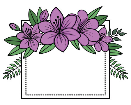 Elegant floral frame design with purple flowers and green leaves on a white background. - Powered by Adobe