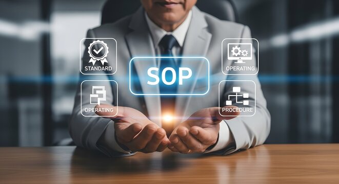 Businessman showcasing standard operating procedures for business success, depicting workflows, quality standards, and efficient business processes.