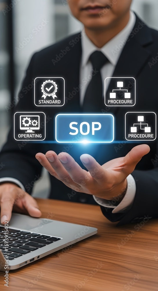 Poster businessman presenting sop, standard operating procedure, illustrating procedure, standard, and oper