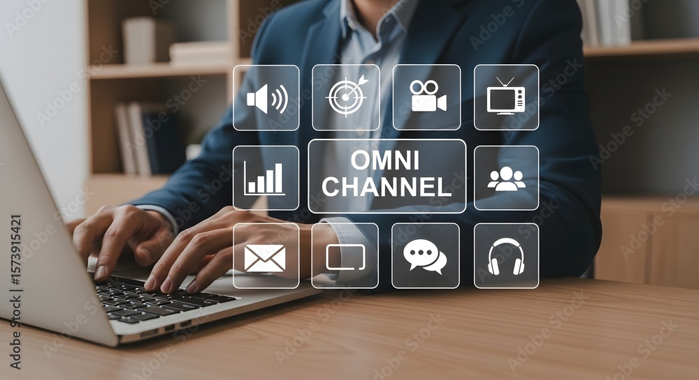 Poster exploring omni channel strategy, a man types on a laptop keyboard with transparent buttons showing m