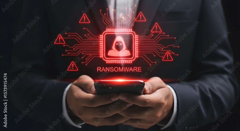 Poster man uses his mobile device as protection against ransomware and cyber threat, highlighting internet 