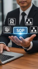 Businessman presenting SOP, Standard Operating Procedure, illustrating procedure, standard, and operating workflows to achieve optimal performance.