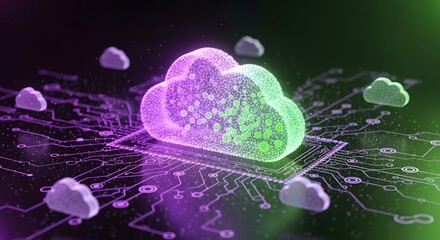 Glowing digital cloud representation over a purple and green circuit board symbolizes cloud computing and modern technology advancement.