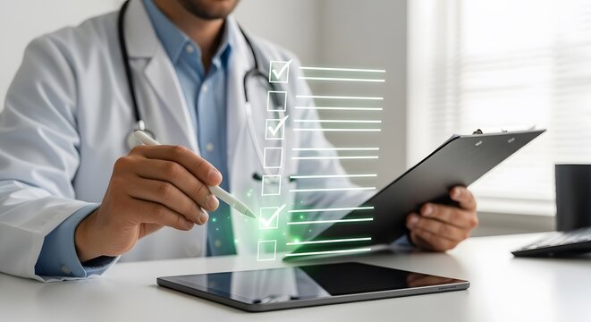 Doctor using digital checklist on tablet representing medical technology and digital healthcare management in a modern office setting