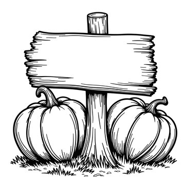 Pumpkin patch sign with wooden stake for kids' coloring book, black and white drawing