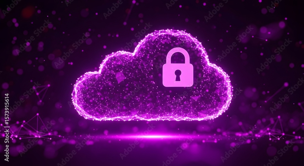 Poster secure cloud computing network highlighted in pink and purple shows data protection, privacy, and in