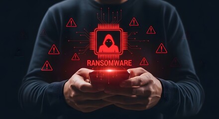 Conceptual scene displays a hacker threat with ransomware displayed over a mobile phone on a dark background, indicating digital security risks.