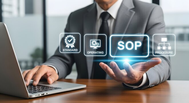 Business professional shows SOP Standard Operating Procedure on screen, showcasing operating system and following procedure, enhancing organizational processes.